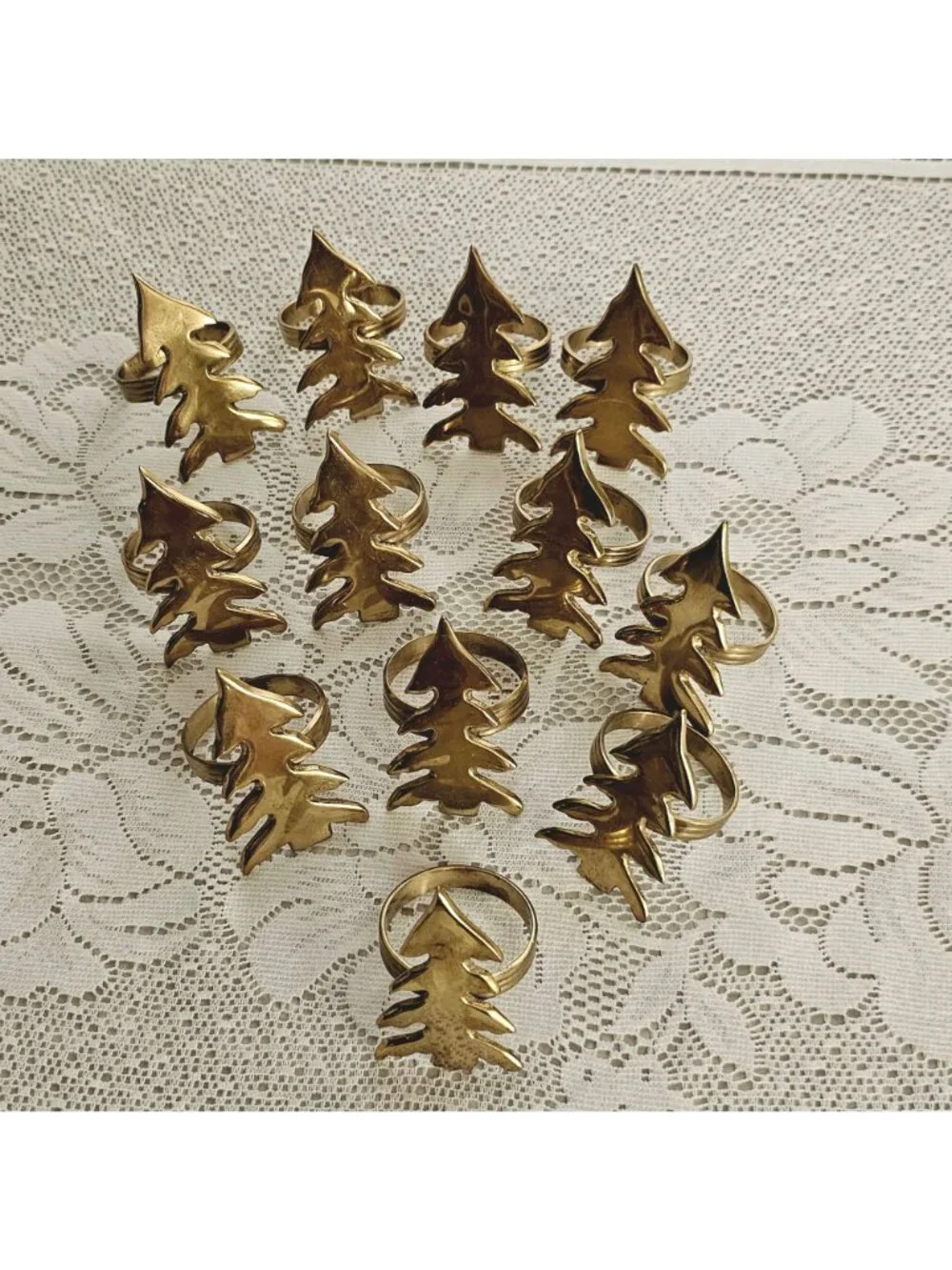 12 Brass Christmas Tree Napkin Rings Holiday Table Decor Gold vintage patina